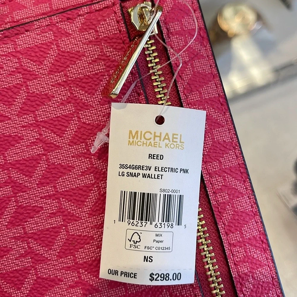 MICHAEL KORS Reed Large Snap Signature Wallet Electric Pink NWT